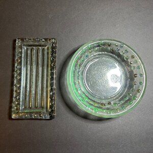 Set of 2 Green Pebbled Fused Glass Rectangular Soap Dish & Round Trinket Bowl